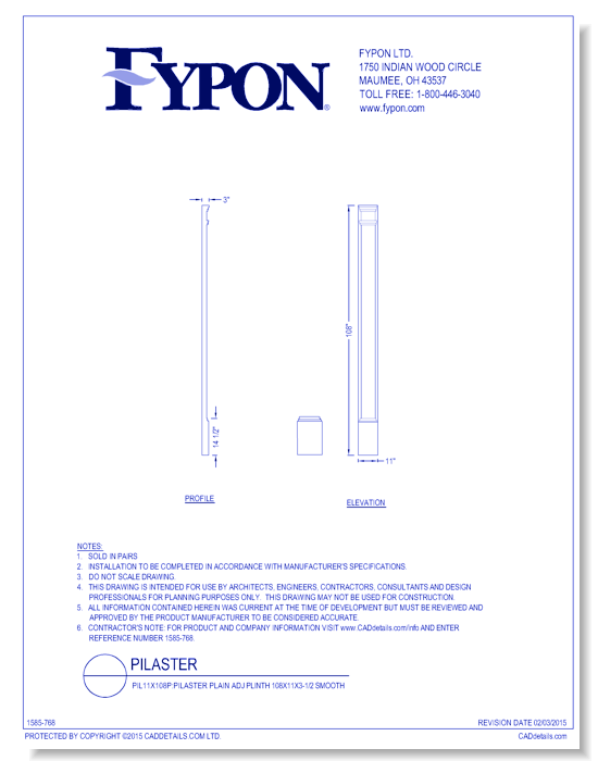 PIL11x108P: Pilaster Plain Adj Plinth 108x11x3-1/2 Smooth