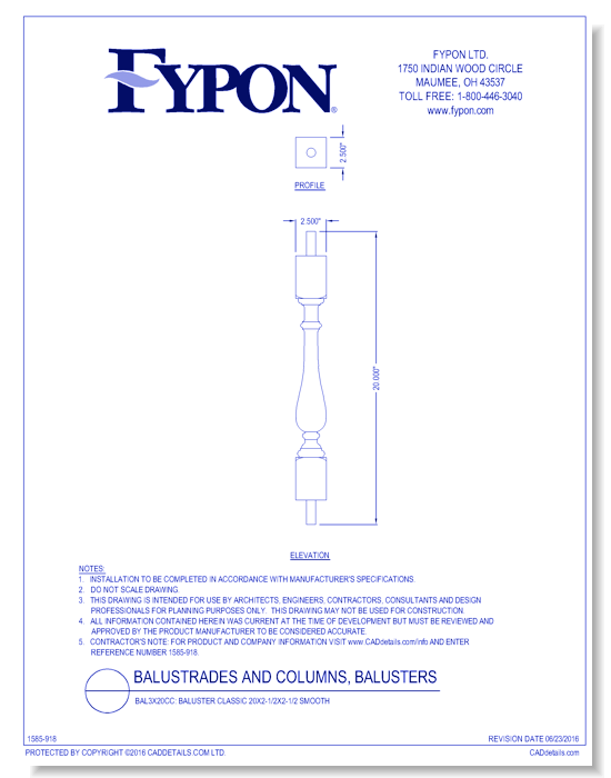 BAL3X20CC: Baluster Classic 20x2-1/2x2-1/2 Smooth