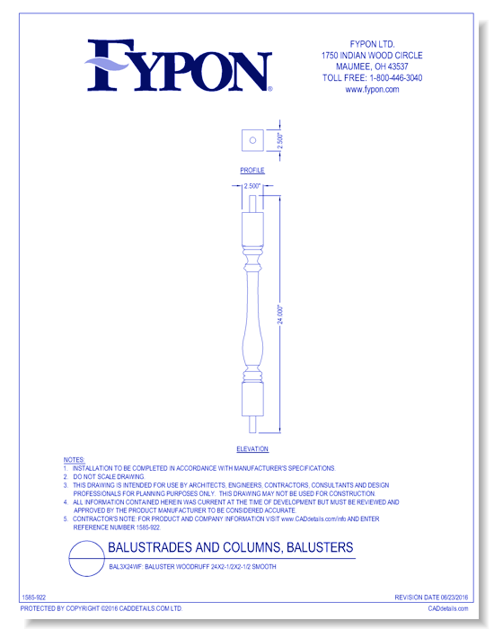 BAL3X24WF: Baluster Woodruff 24x2-1/2x2-1/2 Smooth