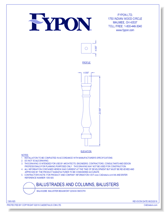 BAL4X22BE: Baluster Beaumont 22x4x4 Smooth