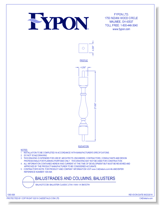 BAL4X27CCOB: Baluster Classic 27x4-1/4x4-1/4 Smooth