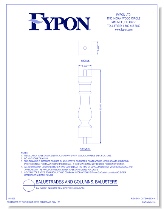 BAL5X22BE: Baluster Beaumont 22x5x5 Smooth