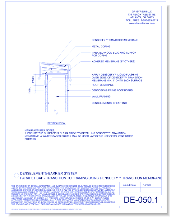 DE-050-1 - Parapet Cap - Transition to Framing Using DENSDEFY® Liquid Flashing
