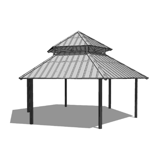 28' Duo-Top Hexagonal Shelter: Elevation and Plan Views