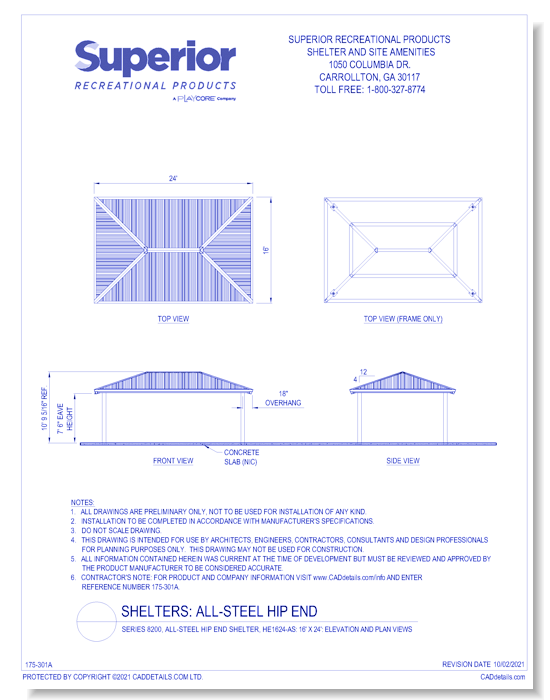 16' x 24' Hip End Shelter: Elevation and Plan Views