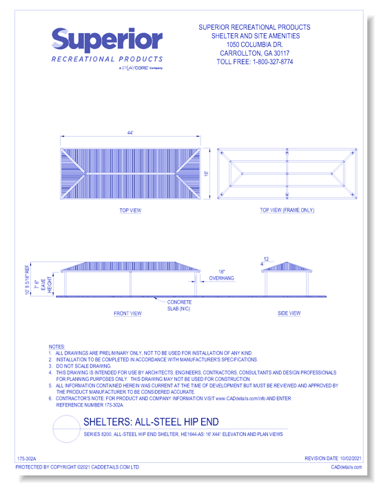 16' x 44' Hip End Shelter: Elevation and Plan Views