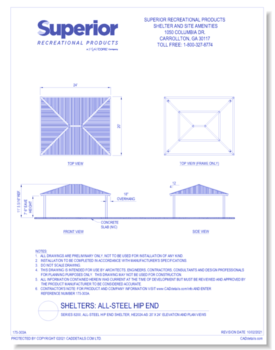 20' x 24' Hip End Shelter: Elevation and Plan Views