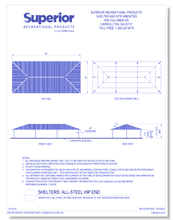 30' x 64' Hip End Shelter: Elevation and Plan Views