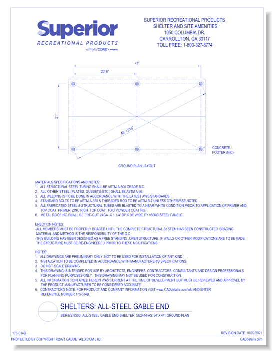 24' x 44' Gable End Shelter: Ground Plan