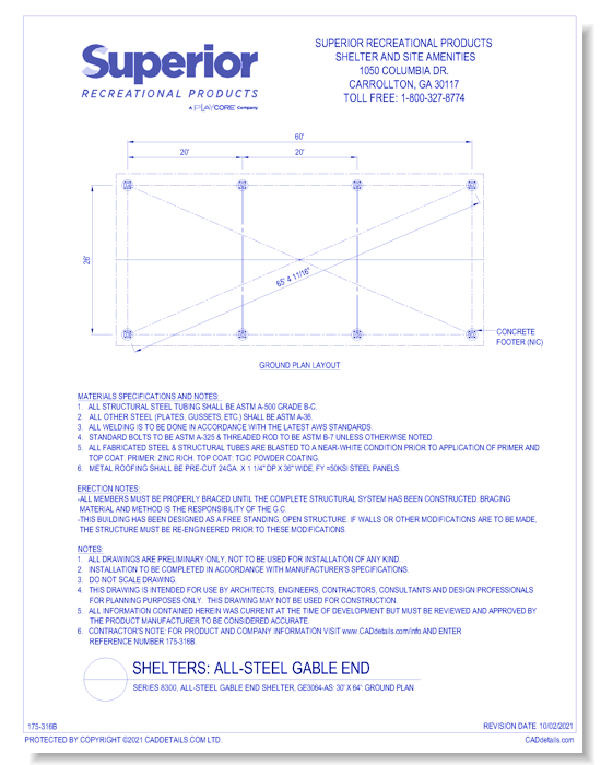 Series 8300, All-Steel Gable End Shelter, GE3064-AS: 30' x 64' : Ground Plan