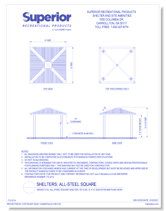 12' x 12' Square Shelter: Elevation and Plan Views