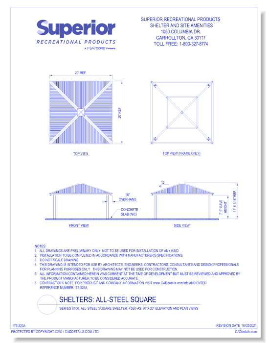 20' x 20' Square Shelter: Elevation and Plan Views