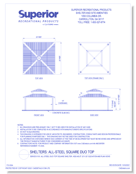 20' x 20' Duo-Top Square Shelter: Elevation and Plan Views