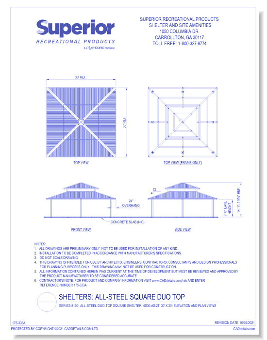 30' x 30' Duo-Top Square Shelter: Elevation and Plan Views