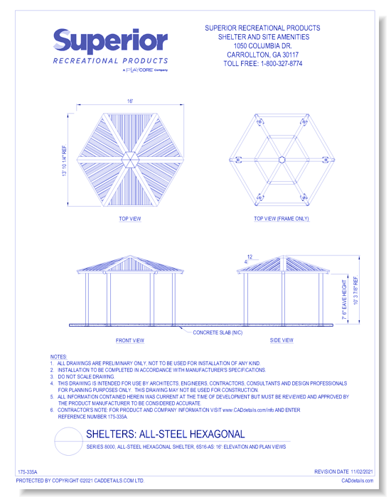 16' Hexagonal Shelter: Elevation and Plan Views