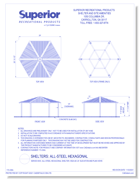 24' Hexagonal Shelter: Elevation and Plan Views