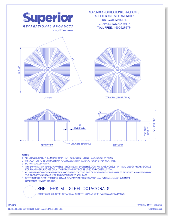 20' Octagonal Shelter: Elevation and Plan Views
