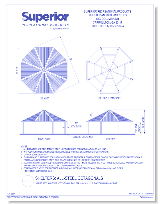 32' Octagonal Shelter: Elevation and Plan Views