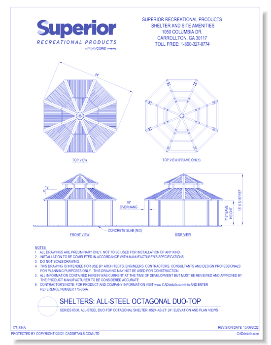 24' Duo-Top Octagonal Shelter: Elevation and Plan Views