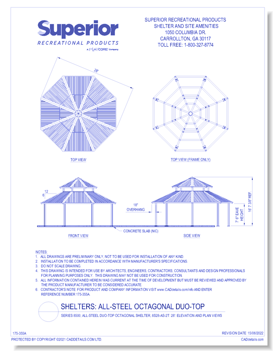 28' Duo-Top Octagonal Shelter: Elevation and Plan Views