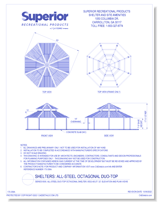 32' Duo-Top Octagonal Shelter: Elevation and Plan Views