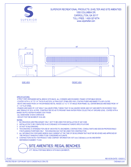 4 ft. Regal Portable Bench with Back (B4WBRCP)