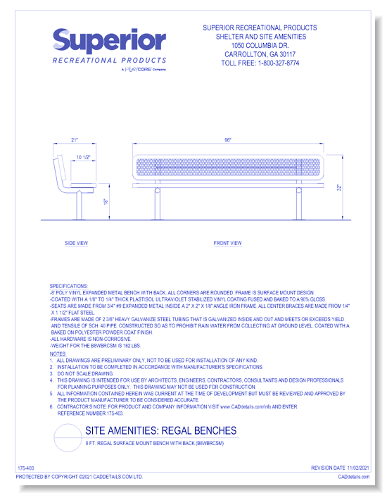 8 ft. Regal Surface Mount Bench with Back (B8WBRCSM)