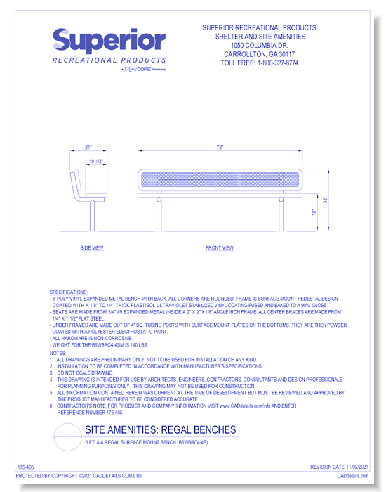 6 ft. 4-4 Regal Surface Mount Bench (B6WBRC4-4S)