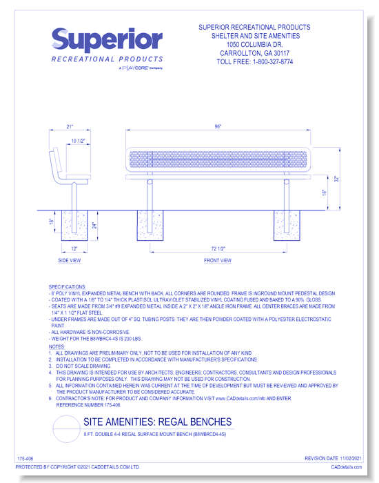 8 ft. Double 4-4 Regal Surface Mount Bench (B8WBRCD4-4S)