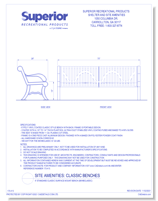 6' Standard Classic Surface Mount Bench (B6WBCLASSIC)