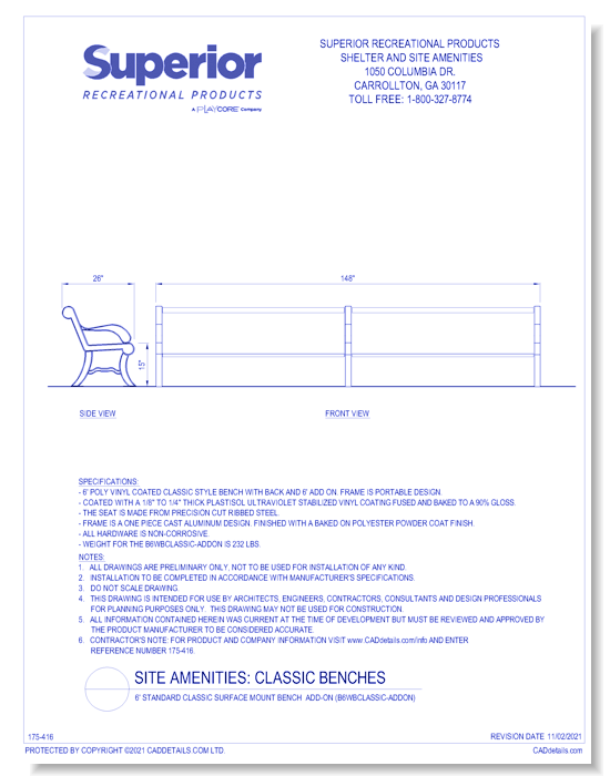 6' Standard Classic Surface Mount Bench Add-On (B6WBCLASSIC-ADDON)