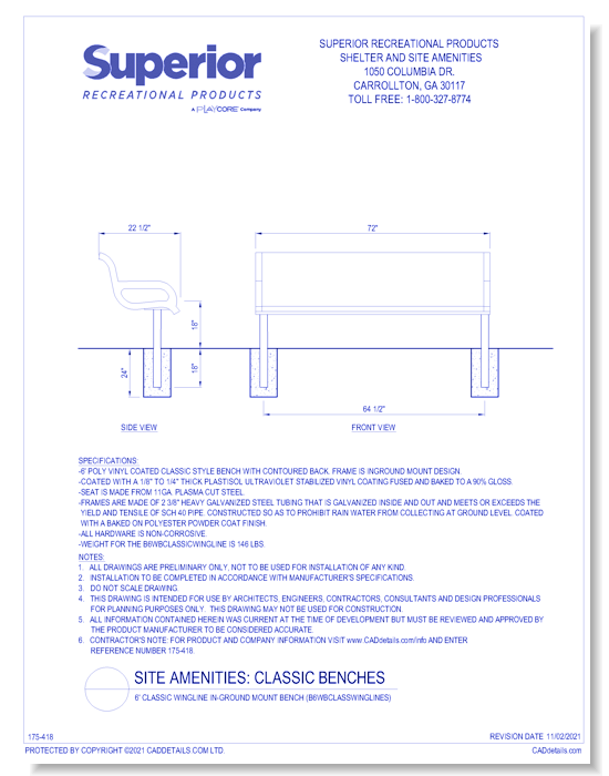 6' Classic Wingline In-Ground Mount Bench (B6WBCLASSWINGLINES)