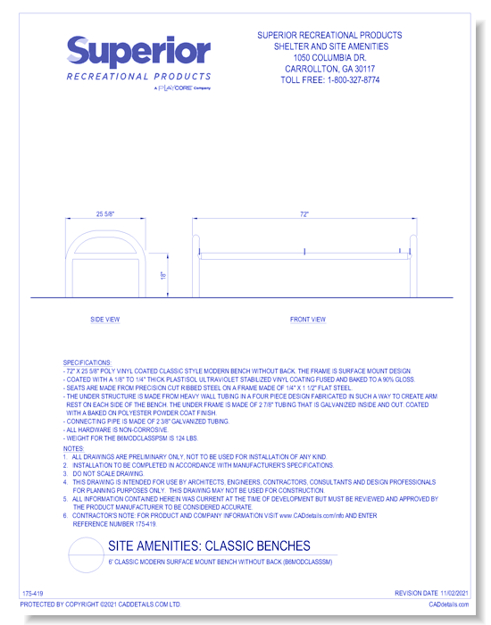 6' Classic Modern Surface Mount Bench without Back (B6MODCLASSSM)