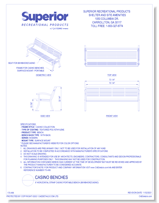 6' Horizontal Strap Casino Portable Bench (B6WBHORZCASINO)