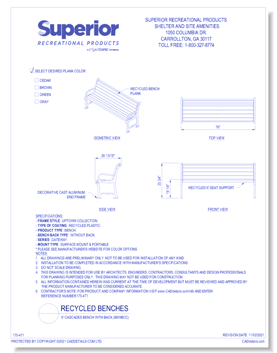 6' Cascades Bench with Back (B6WBCC)