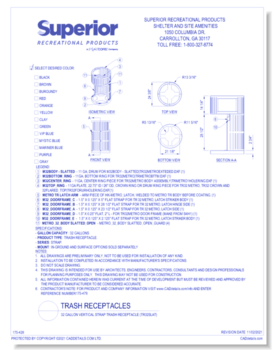 32 Gallon Vertical Strap Trash Receptacle (TR32SLAT)