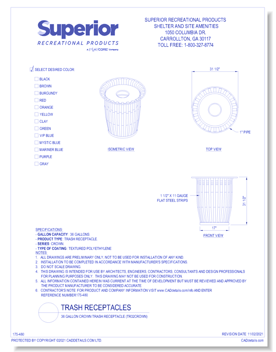 36 Gallon Crown Trash Receptacle (TR32CROWN)