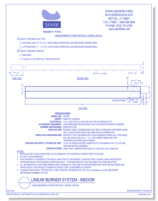 Linear Burner System Indoor 8' ( Model LBS 96 )