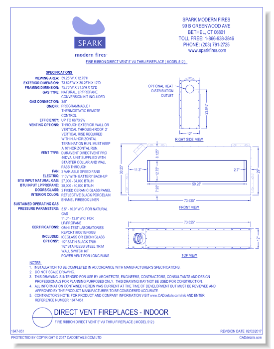 Fire Ribbon Direct Vent 5' Vu Thru Fireplace ( Model 512 )