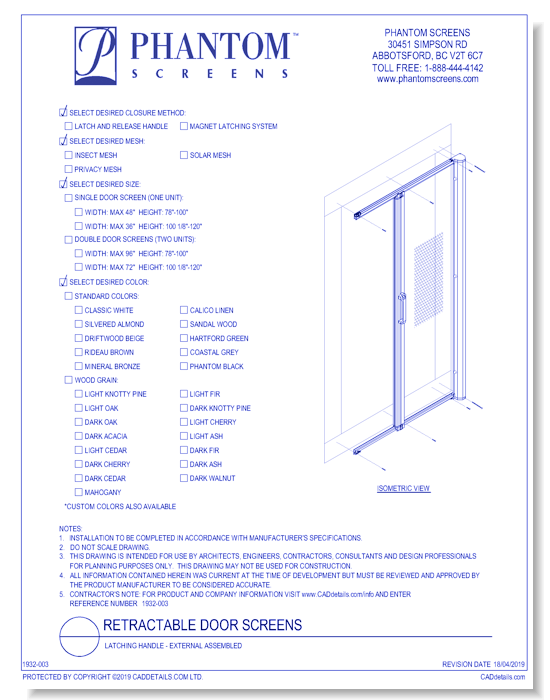 Retractable Door Screens: Latching Handle - External assembled