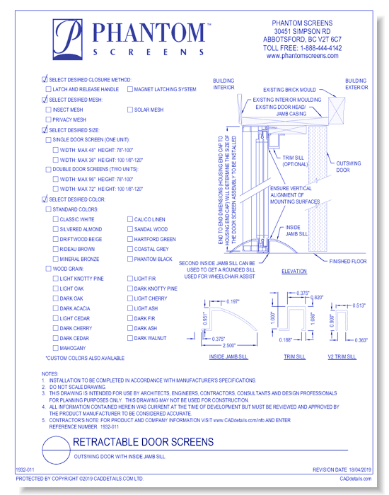 Retractable Door Screens: Outswing Door with Inside Jamb Sill.