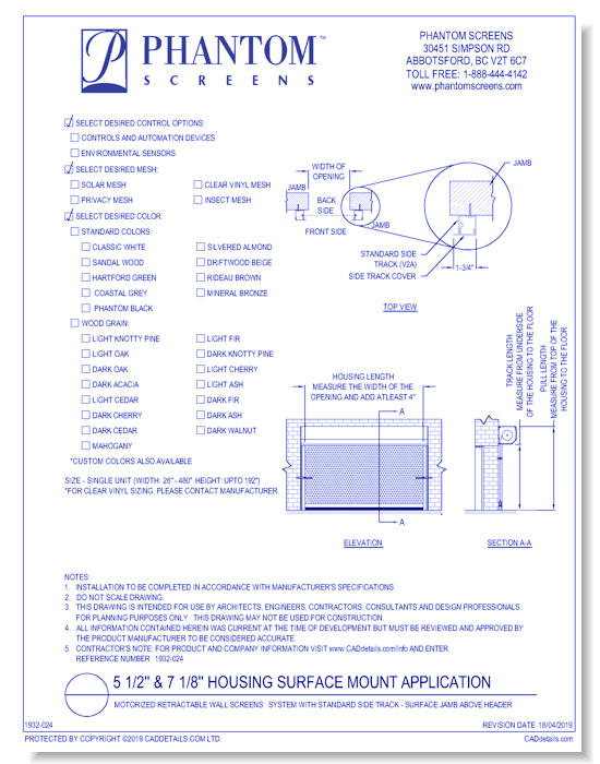 Motorized Retractable Wall Screens: System with Standard Side Track - Surface Jamb Above Header
