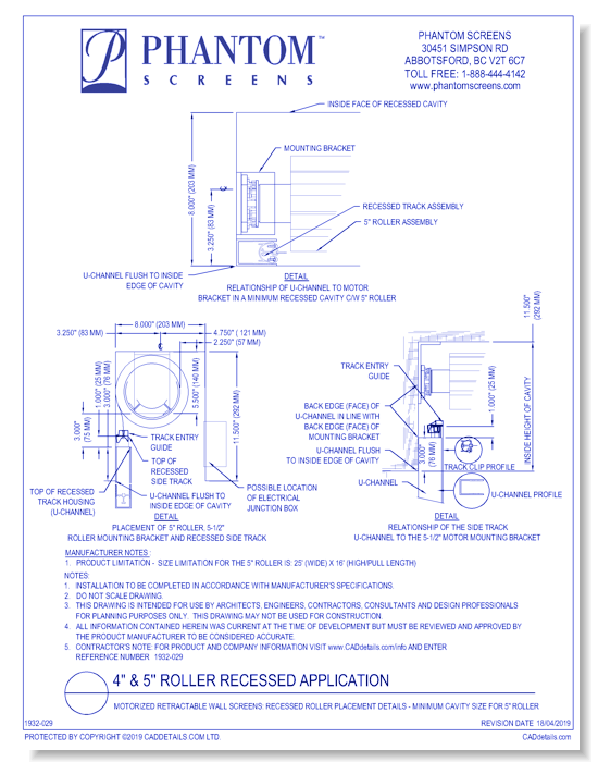 Motorized Retractable Wall Screens: Recessed Roller Placement Details - Minimum Cavity Size for 5" Roller