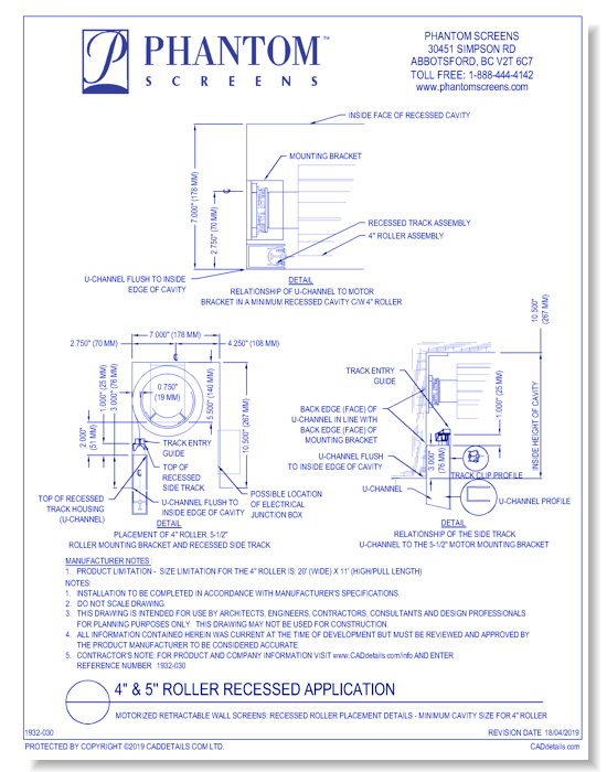 Motorized Retractable Wall Screens: Recessed Roller Placement Details - Minimum Cavity Size for 4" Roller