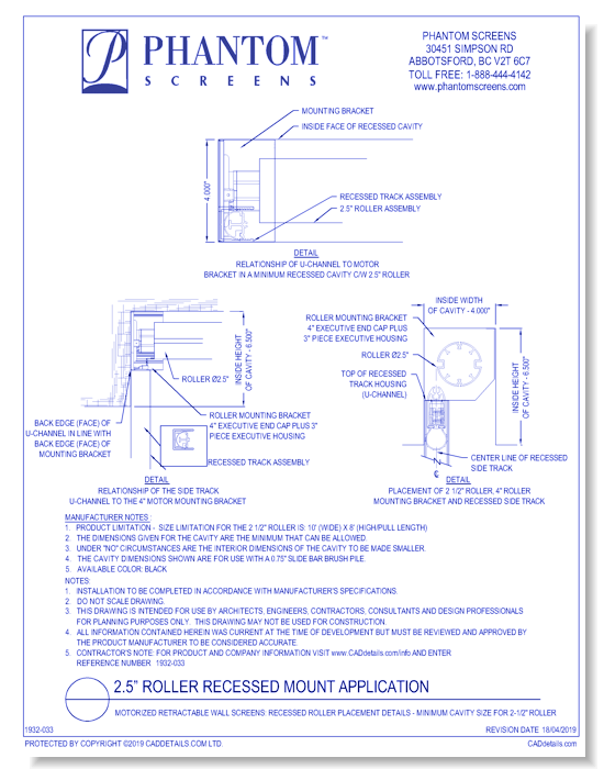 Motorized Retractable Wall Screens: Recessed Roller Placement Details - Minimum Cavity Size for 2-1/2" Roller