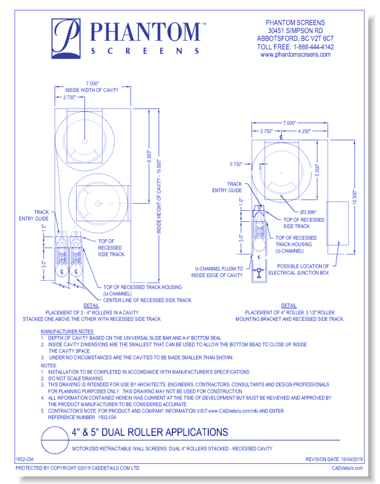 Motorized Retractable Wall Screens: Dual 4" Rollers Stacked - Recessed Cavity