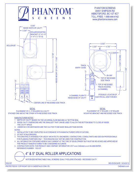 Motorized Retractable Wall Screens: Dual 5" Rollers Stacked - Recessed Cavity