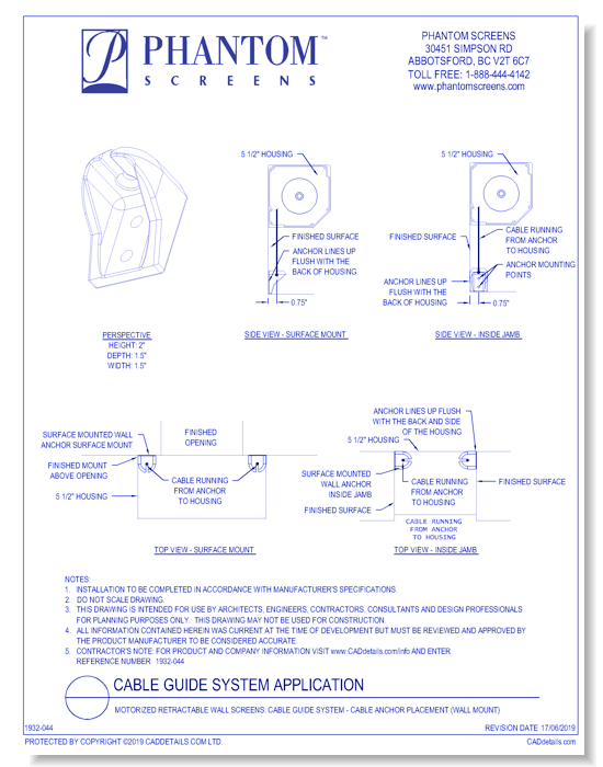 Cable Guide System Application, Motorized Retractable Wall Screens: Cable Guide System - Cable Anchor Placement ( Wall Mount )