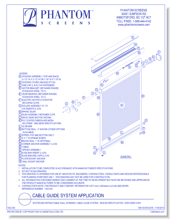 Motorized Retractable Wall Screens: Cable Guide System - Design Specification - Exploded View