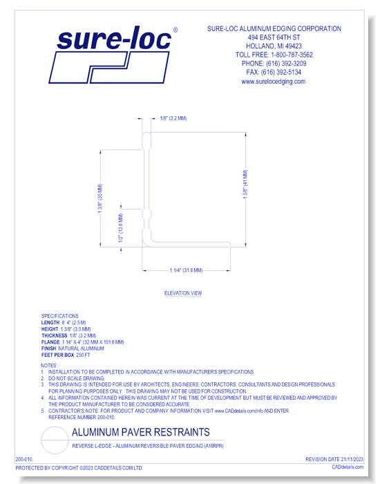 Reverse L-Edge - Aluminum Reversible Paver Edging (A18RPR) 